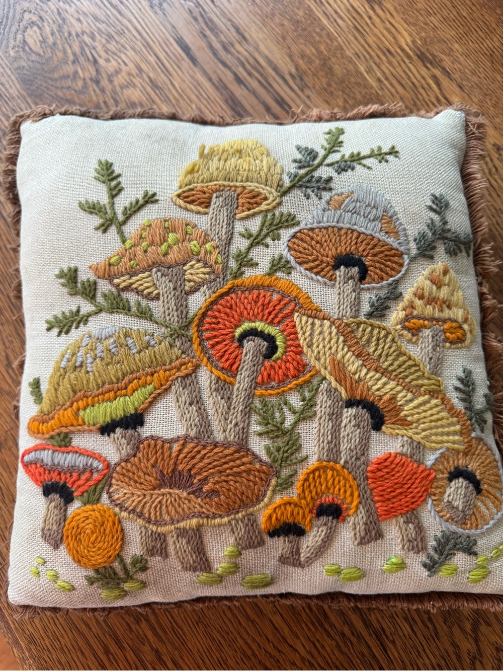 Vintage Boho Crewel Mushroom Decorative Pillow